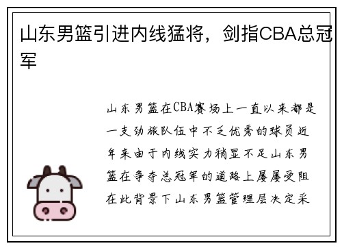 山东男篮引进内线猛将，剑指CBA总冠军