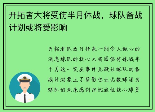 开拓者大将受伤半月休战，球队备战计划或将受影响