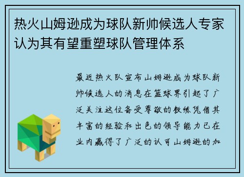 热火山姆逊成为球队新帅候选人专家认为其有望重塑球队管理体系